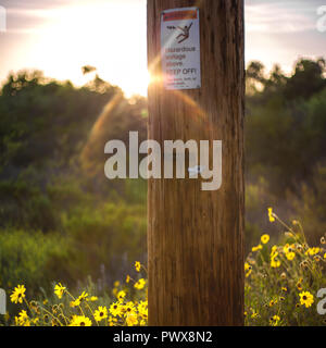 Warning sign on wooden electricity pole sunset Stock Photo