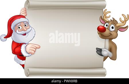 Santa and Reindeer Christmas Cartoon Sign Stock Vector