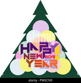Happy New Year greeting inscription on the background of colored balls and a Christmas tree, art typography Stock Vector