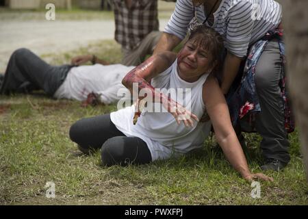 A U.S. Army soldier simulates injuries from a chemical attack during ...