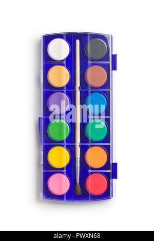Watercolor pallet with brush isolated on white background. Stock Photo