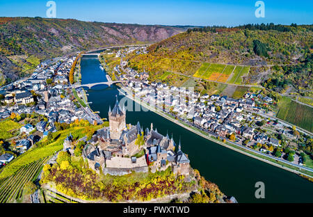 Aerial view of Reichsburg Cochem, a famous castle in Germany Stock Photo
