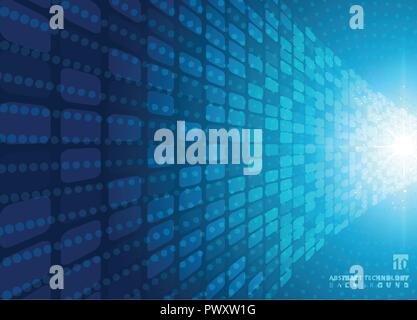 Abstract technology concept with blue neon radial light burst effect blue squares pattern futuristic perspective background. Digital elements circles  Stock Vector