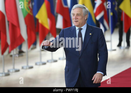 Brussels. 18th Oct, 2018. European Parliament President Antonio Tajani arrives for the second day of EU summit on Oct. 18, 2018, in Brussels, capital of Belgium. Credit: Ye Pingfan/Xinhua/Alamy Live News Stock Photo