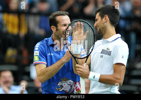 Prague, Czech Republic. 18th Oct, 2018. Double winner of Davis Cup Radek Stepanek say goodbye to his tennis career on October 18 at the O2 arena in Prague in the Czech Republic. The main star guest of the event will be the former first player of the world and Wimbledon champion Serbia's Novak Djokovic Credit: Slavek Ruta/ZUMA Wire/Alamy Live News Stock Photo