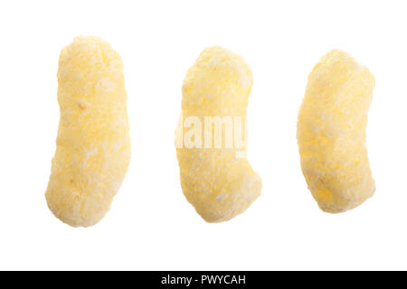 Sweet crunchy corn sticks or snacks isolated on white background. Top view. Flat lay. Set or collection. Stock Photo
