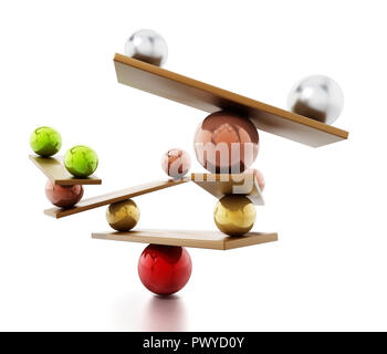 Balancing spheres standing in balance on seesaws. 3D illustration. Stock Photo