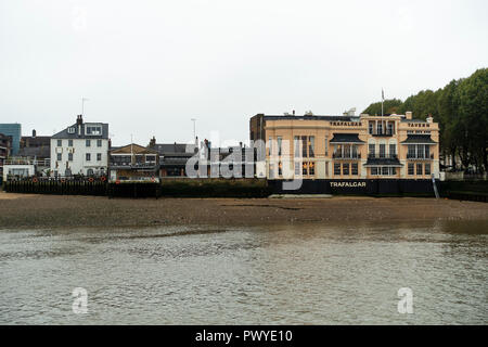 The Trafalgar Tavern Public House and The Yacht Riverside Restaurant on the banks of The River Thames at Greenwich London England United Kingdom UK Stock Photo