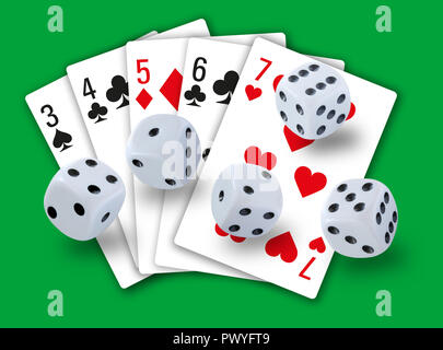 Gambling with dices rolling and playing cards showing a straight in clubs, diamonds, hearts and spades in background - simple clean design Stock Photo