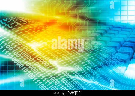 abstract background with binary digits and computer keyboard Stock Photo