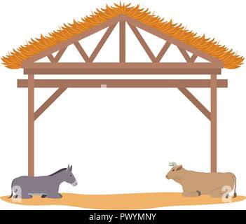 wooden stable manger with ox and mule Stock Vector