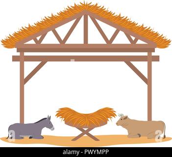 wooden stable manger with cradle and animals Stock Vector