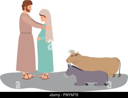 virgin mary and saint joseph with animals Stock Vector