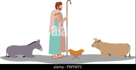 virgin mary and saint joseph with animals Stock Vector