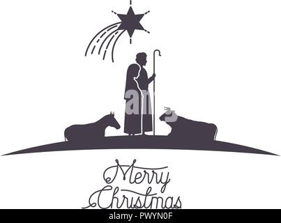 virgin mary and saint joseph with animals silhouettes Stock Vector