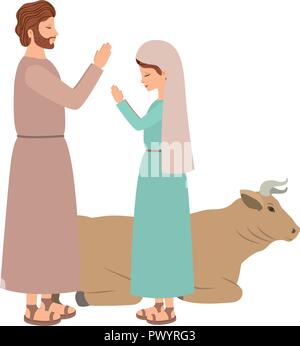 virgin mary and saint joseph with ox Stock Vector
