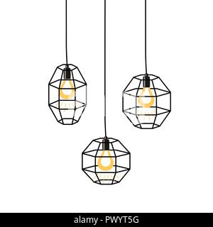 Hand drawn vector set of different geometric loft lamps and iron lampshade. Industrial style. Stock Vector