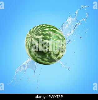 watermelon in water splash on a blue background. Stock Photo