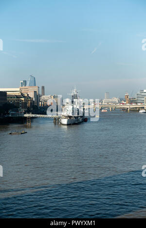 The Royal Navy WWII Light Cruiser HMS Belfast Moored in the River Thames near Southwark City of London England United Kingdom UK