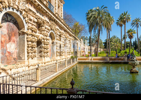 Pond in the garden of the Royal Alcázar, Seville, Andalusia, Spain, Europe Stock Photo