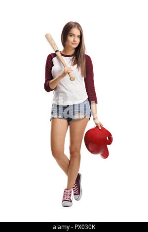 Full length portrait of a young woman with a baseball bat and a helmet isolated on white background Stock Photo