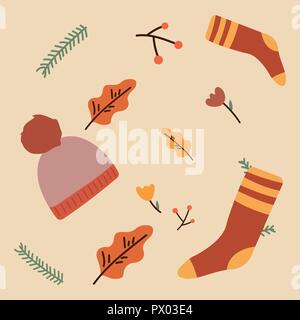 Hello Fall lettering on geometric background with pupmkin pie, hot spiced tea and autumn leaves. Vector illustration. Stock Vector