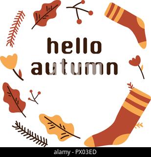 Hello autumn background with fall leaves. Nature autumnal vector concept. Orange and yellow leaf seasonal illustration Stock Vector