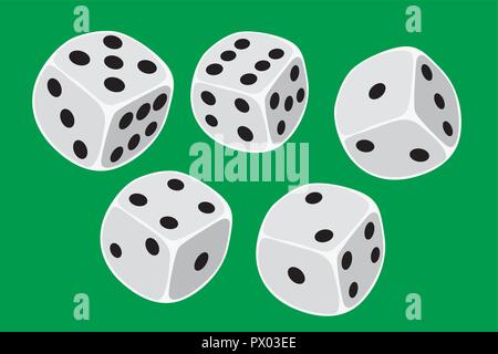 Five white dices size thrown in a craps game, yatzy or any kind of dice game against a green background - illustration in simple clean design Stock Vector