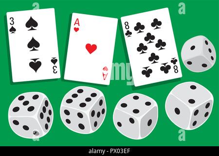 Gamble with dices rolling and different playing cards clubs, hearts and spades in background - illustration in simple clean design Stock Vector