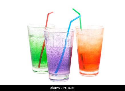 Plastic glasses with water, ice cubes and straw isolated on white background. Stock Photo