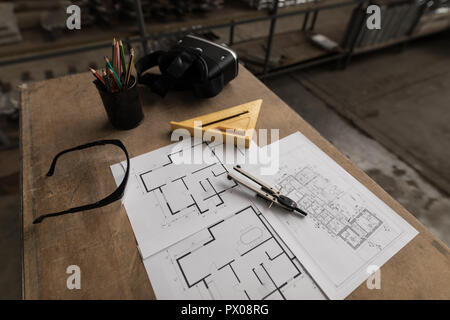 Blueprint and tools in workshop Stock Photo