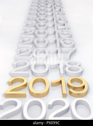 3D Golden 2019 on white background. Three-dimensional rendering. Focus on 2019 golden text. Stock Photo