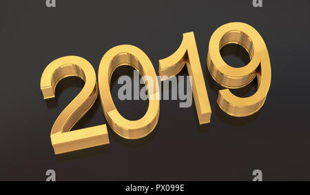 3D Gold Metal 2019 on Gray Background. Three-dimensional rendering. Stock Photo