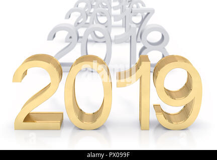3D Gold Metal 2019 on white Background. Three-dimensional rendering. Focus on 2019 golden text. Stock Photo