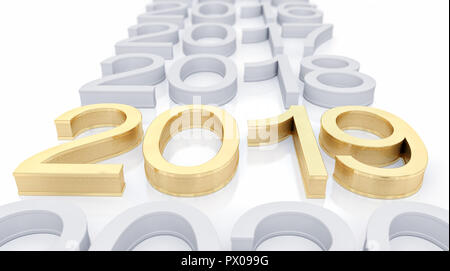 3D Gold Metal 2019 on White Background. Three-dimensional rendering. Focus on 2019 golden text. Stock Photo