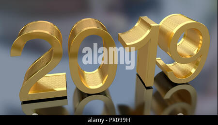 3D Gold Metal 2019 on Gray Background. Three-dimensional rendering. Stock Photo