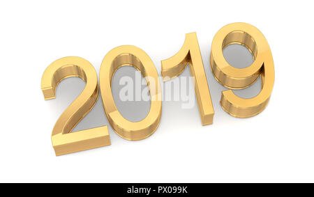 3D Golden 2019 on White Background. Three-dimensional rendering. Stock Photo