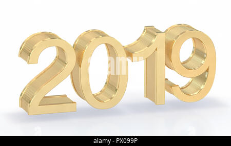 3D Gold Metal 2019 on White Background. Three-dimensional rendering. Stock Photo