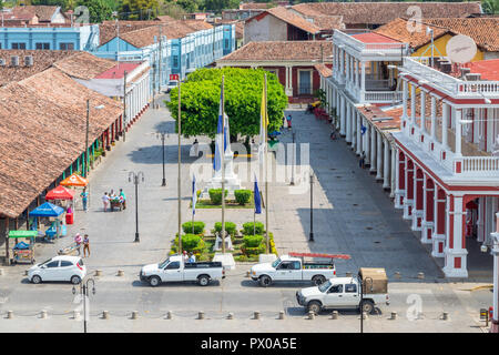 View from the bell tower of the cathedral down to Plazoleta de los Leones, Granada, Nicaragua, Central America Stock Photo