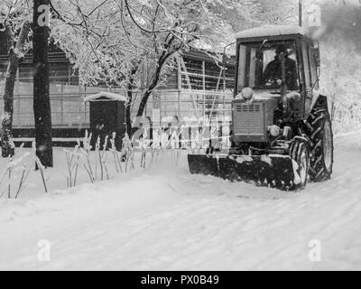 Municipal equipment  removing snow from the footpaths in the city park after snowfall. Weather in winter. Black and white image Stock Photo