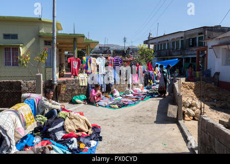 Selling clothes at market, Mawsynram, Meghalaya, India Stock Photo