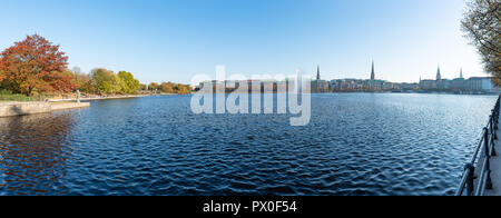 panoramic shot of Binnenalster Lake in Hamburg on sunny day in autumn Stock Photo