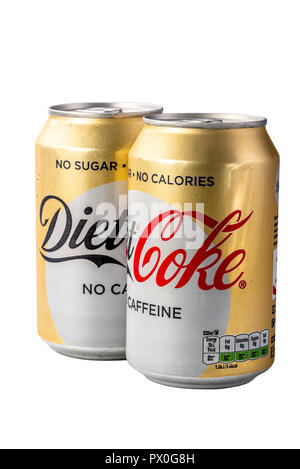 Cans of diet coca cola, with no calories, no sugar, no caffeine. Stock Photo