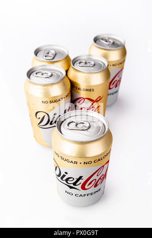 Cans of diet coca cola, with no calories, no sugar, no caffeine. Stock Photo