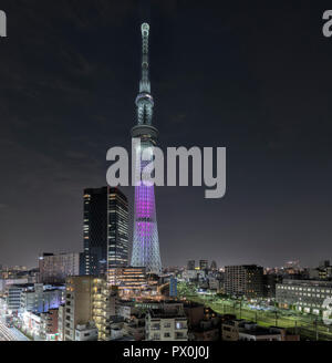 Tokyo Skytree tower in Sumida, Japan with surrounding urban residental context below. The tower was completed in 2012. Stock Photo