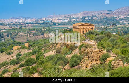 Panoramic view with the Temple of Concordia, in the Valley of the Temples. Agrigento, Sicily, southern Italy. Stock Photo