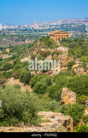 Panoramic view with the Temple of Concordia, in the Valley of the Temples. Agrigento, Sicily, southern Italy. Stock Photo