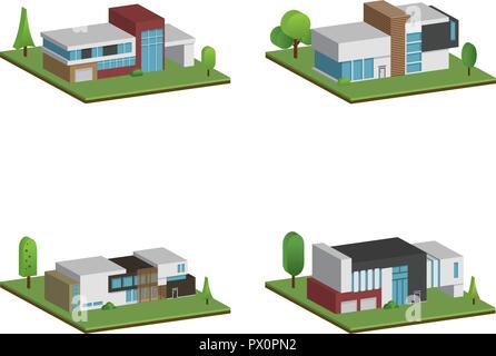 Set of isometric four houses and modern houses design, 3D modern building and architecture with ground, Vector collection of 3D home illustration on w Stock Vector