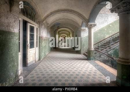 Interior view of a green hallway in the abandoned medical complex in Beelitz, Brandenburg, Germany. Stock Photo