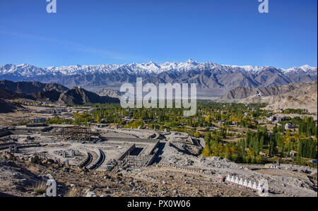 The Stok Range, with Stok Kangri (6123m) and Leh city, seen from the Khardung La Pass, Ladakh, India Stock Photo